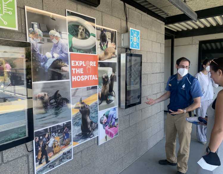 an educator shows a guest the interactive hospital map