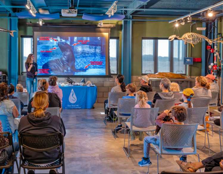 An educator presents to a group of visitors