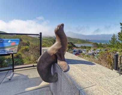 view of the ocean from the front patio with sea lion sculpture in the foreground