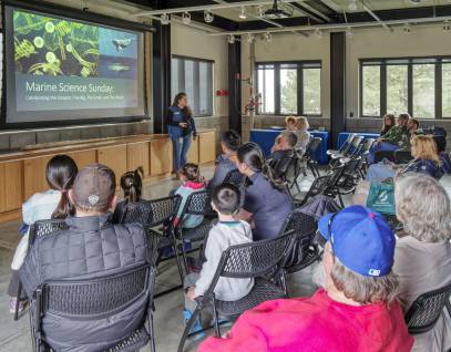 Educator leading a Marine Science Sunday program for a group of visitors