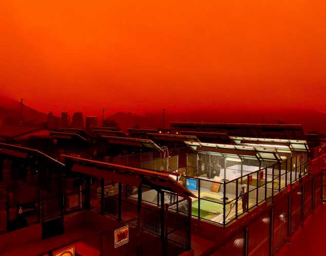 Sausalito hospital amidst eerie orange sky due to wildfire smoke