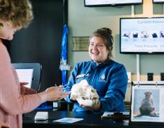 Laura Gill talks with a visitor at The Marine Mammal Center