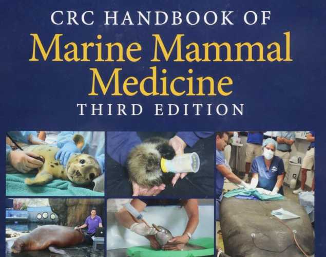 cover image of CRC Handbook of Marine Mammal Medicine featuring multiple marine mammal images and a dark blue background