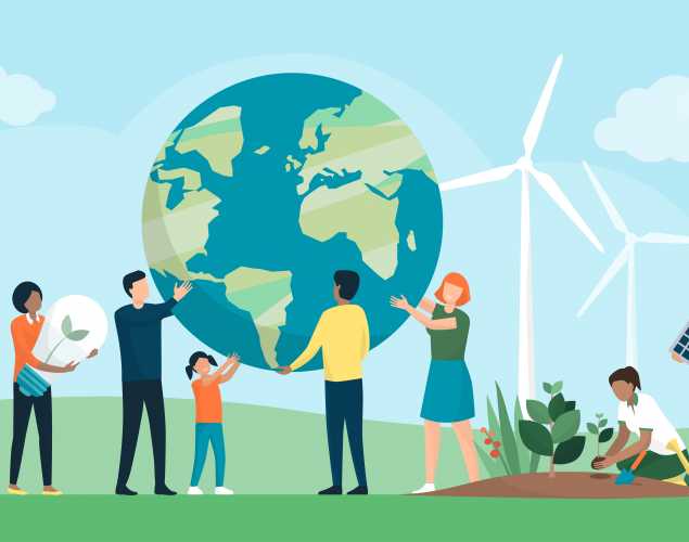 An Earth Day graphic of people holding the planet, recycling, planting a tree and moving a solar panel.