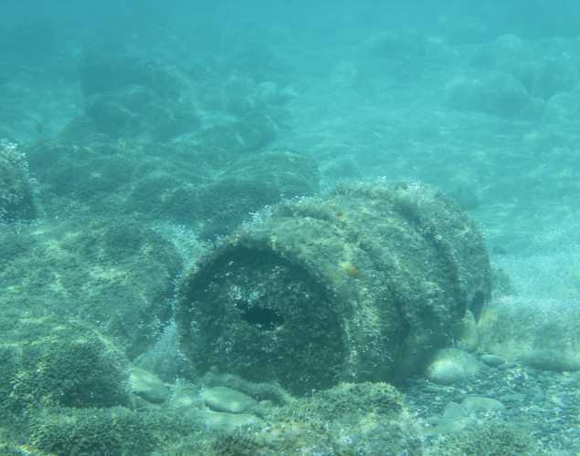 rusty barrel underwater and covered with algae