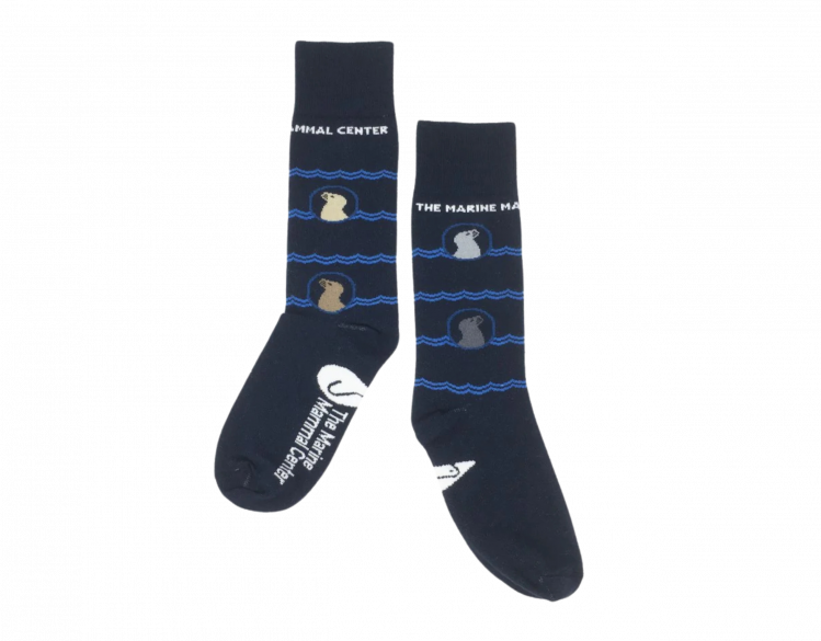 two sea lion socks with The Marine Mammal Center logo