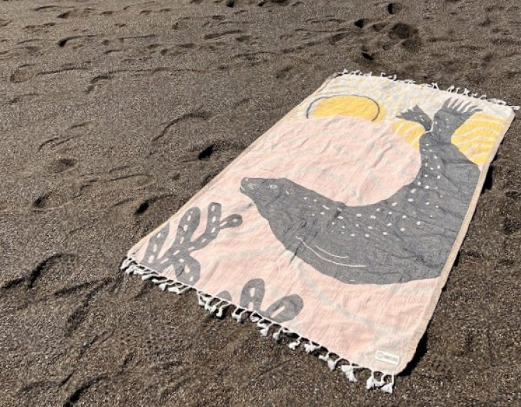 beach towel with harbor seal design on peach background