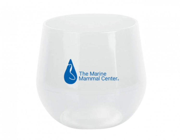 A frosted silicone stemless wine glass