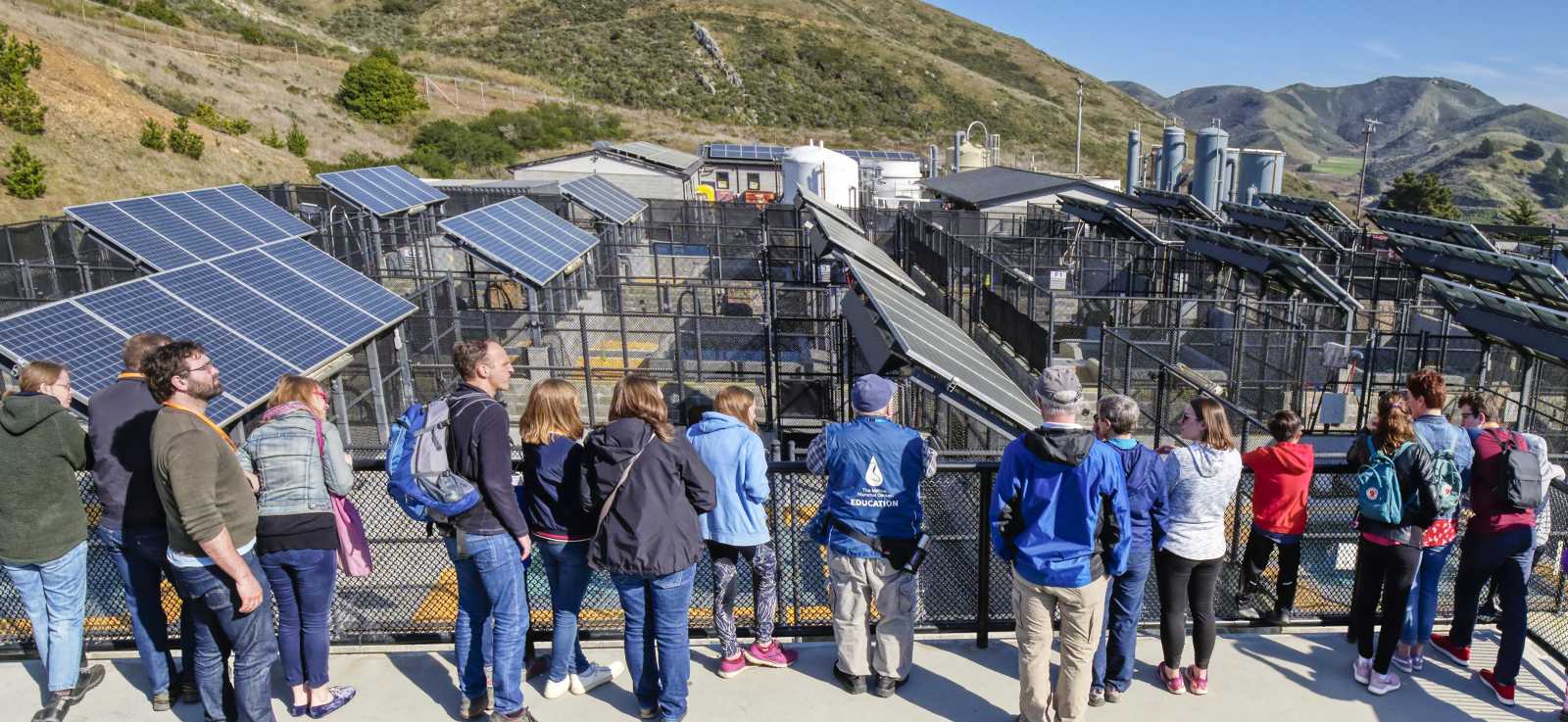a tour group looks out over the patient pens from the observation deck