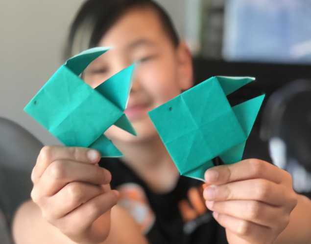 Young person showing off origami made in a fish shape