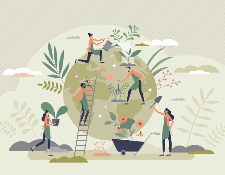 A graphic of farmers tending to plants and agriculture on the earth.